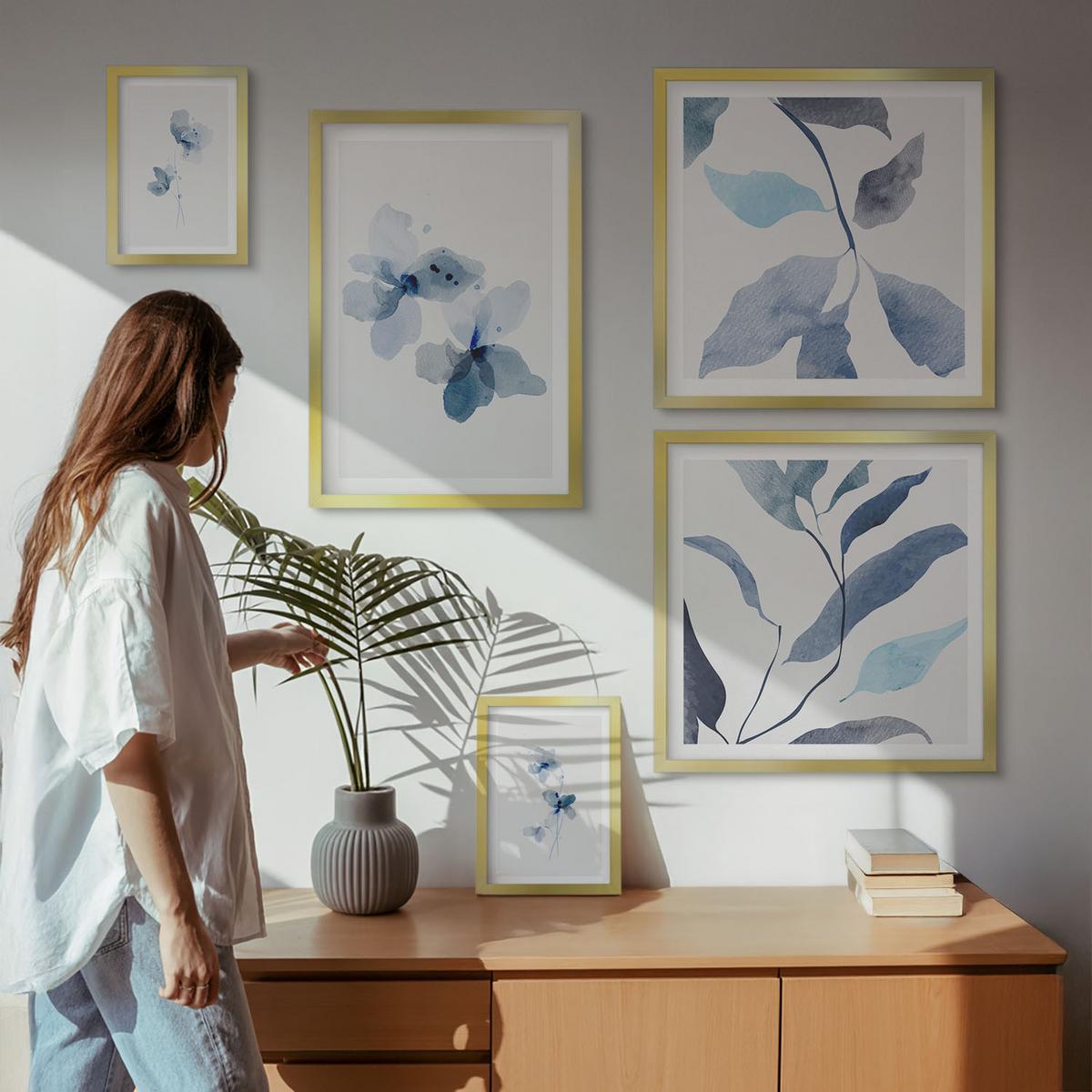 BILDER SET 5er Set - 50x50 cm & 20x30 cm & 40x60 cm Goldrahmen - Minimalistische blaue Blumen - Goldfarben, Kunststoff (40/60cm) - TULUP