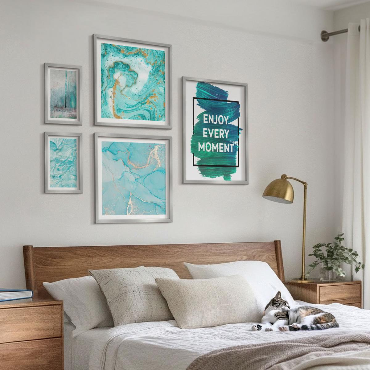 BILDER SET 5er Set - 50x50 cm & 20x30 cm & 40x60 cm Silberner Rahmen - Farbenfrohe Abstraktionen, Gesichter, Formen - Silberfarben, Kunststoff (40/60cm) - TULUP
