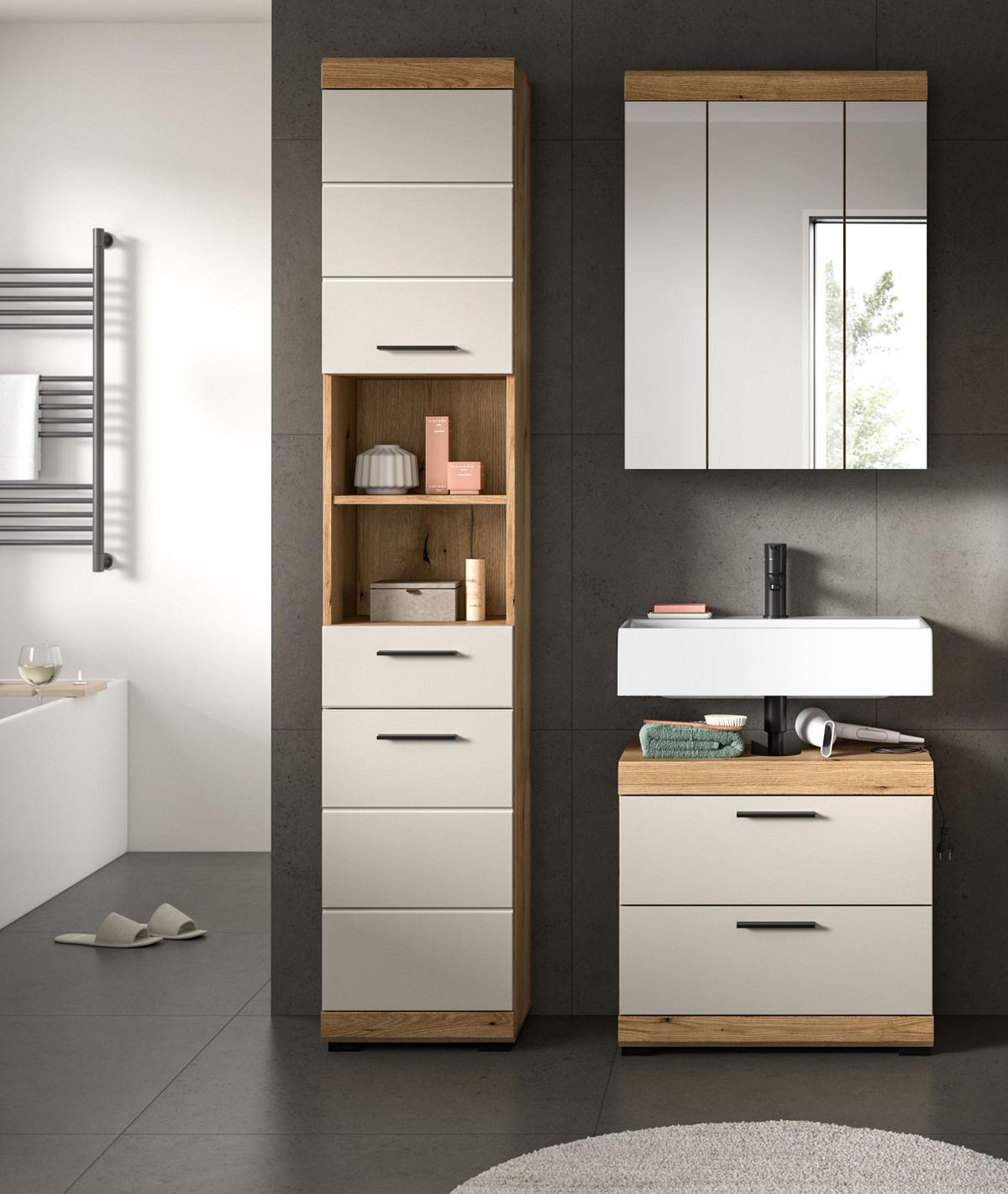 WASCHBECKENUNTERSCHRANK Sand Kaschmir, Evoke Eiche, Badezimmer Unterschrank 60 cm mit Schubkästen - Kaschmir/Eichefarben, Holzwerkstoff/Kunststoff (60/56/34cm) - Inn.Furn