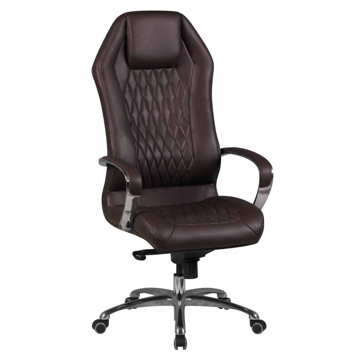 CHEFSESSEL Echtleder mit Multiblockwippmechanik, Lendenwirbelstütze und Aluminiumfußkreuz MILANO, Braun 70x67x136 cm - Silberfarben/Braun, Leder/Metall (70/136/67cm) - KADIMA DESIGN