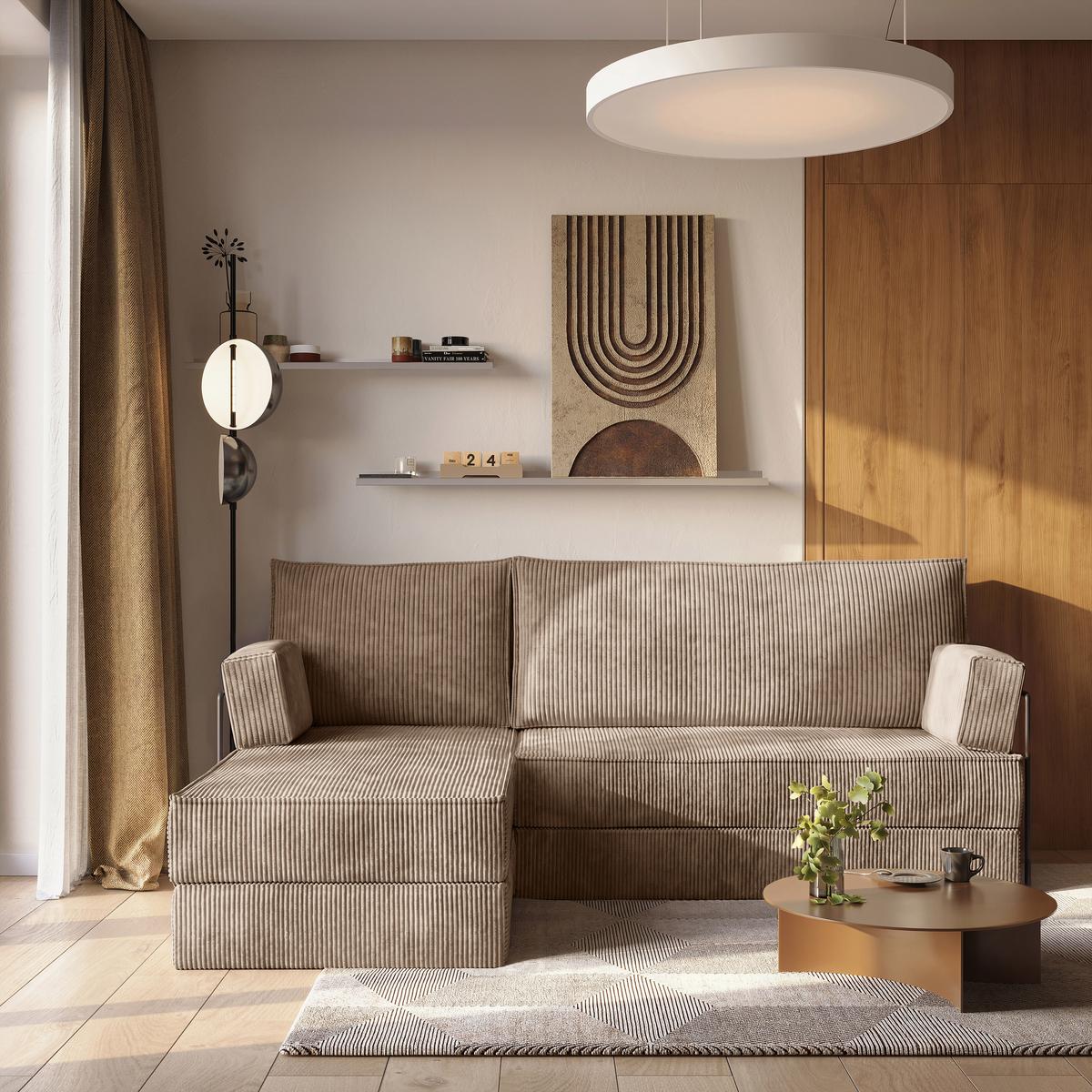 ECKSOFA NOTIA modulares Boneless Sofa mit Schlaffunktion Beige Kordstoff - Beige, Textil (200/120cm) - MASSENO