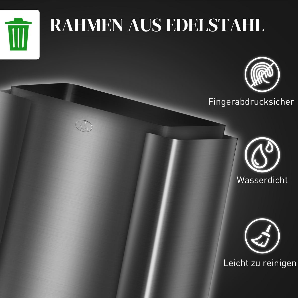 MÜLLEIMER 3x15L Abfalleimer aus Edelstahl mit Softclose Deckel Deodorant-Fächern - Anthrazit, Metall (36.6/43.2/61.9cm) - HOMCOM