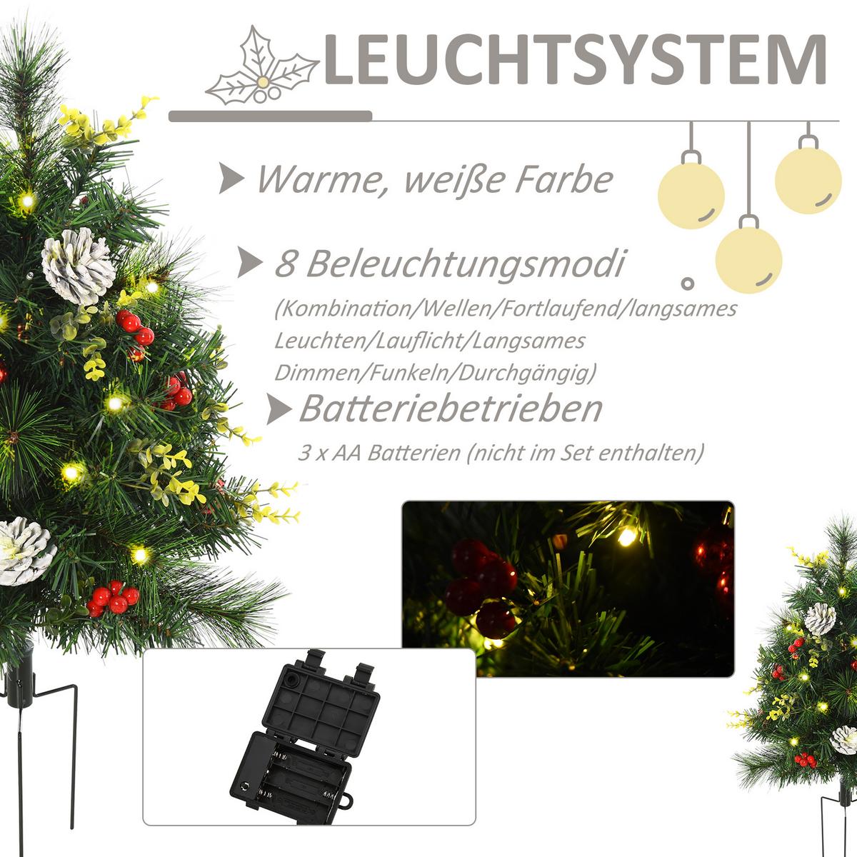 2-ER Set Weihnachtsbäume Mini Künstlicher Christbaum mit rote Beere LED IP44 - Grün, Kunststoff (75cm) - HOMCOM