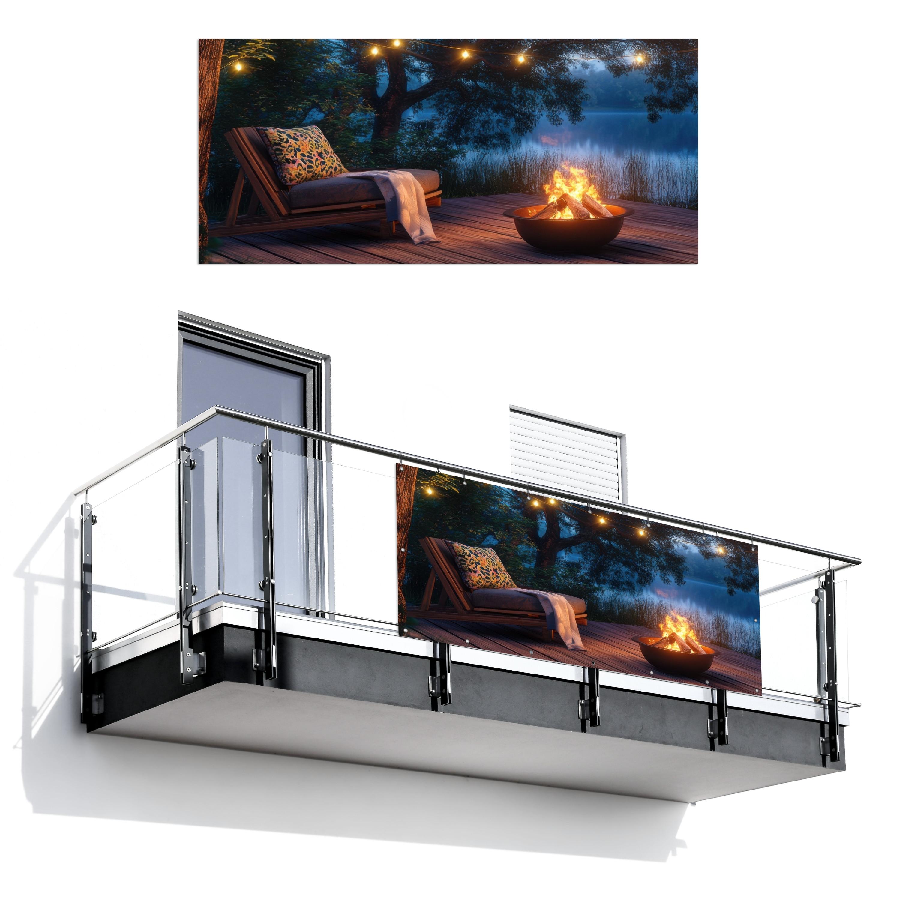 BALKON-SICHTSCHUTZ Lagerfeuer - See - Abendlicht Witterungsbeständig 200x90 cm - Dunkelblau, Kunststoff (200/90cm) - MuchoWow