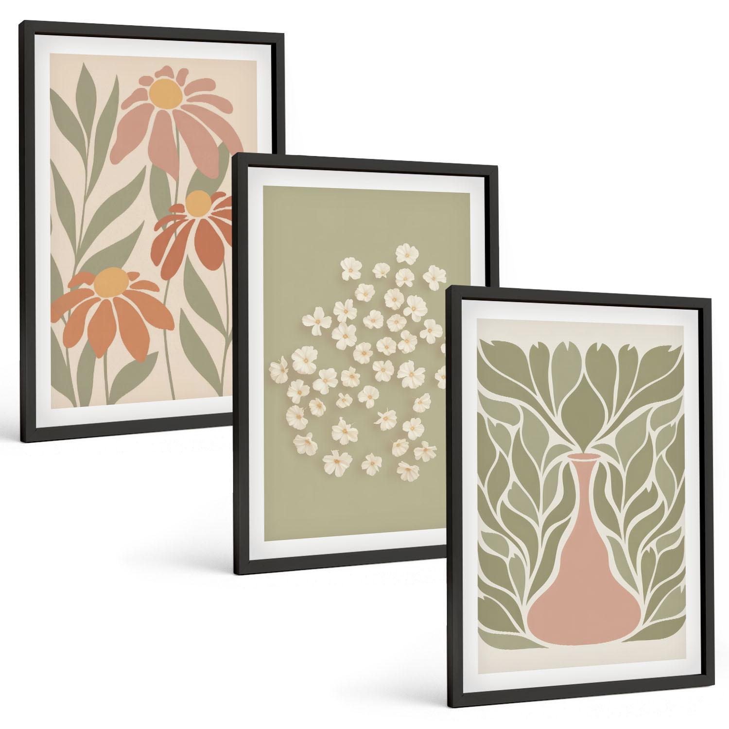 BILDER SET 3er Set - 40x60 cm Schwarzer Rahmen - Florale Boho-Muster - Schwarz, Kunststoff (40/60cm) - TULUP