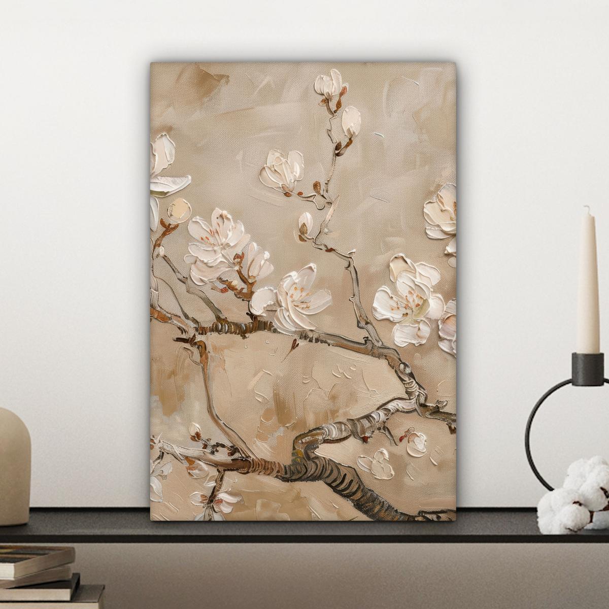 LEINWANDBILD Blumen - Modern - Beige - Weiß - Blüte Deko Wohnzimmer 20x30 cm - Beige, Textil (20/30cm) - MuchoWow