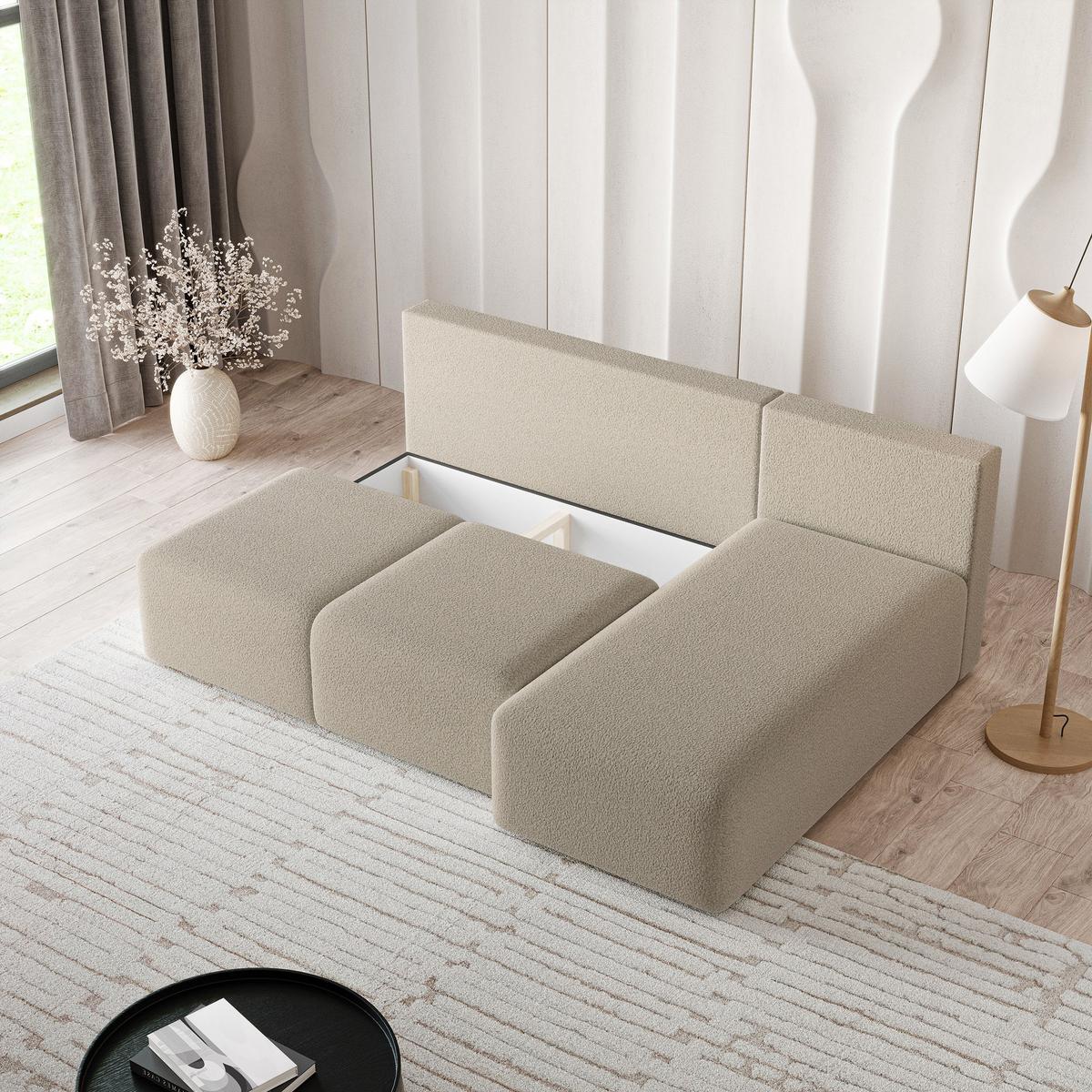 ECKSOFA TRAMA Beige Boucle-Stoff mit Schlaffunktion - Beige, Holz (200/143cm) - MASSENO