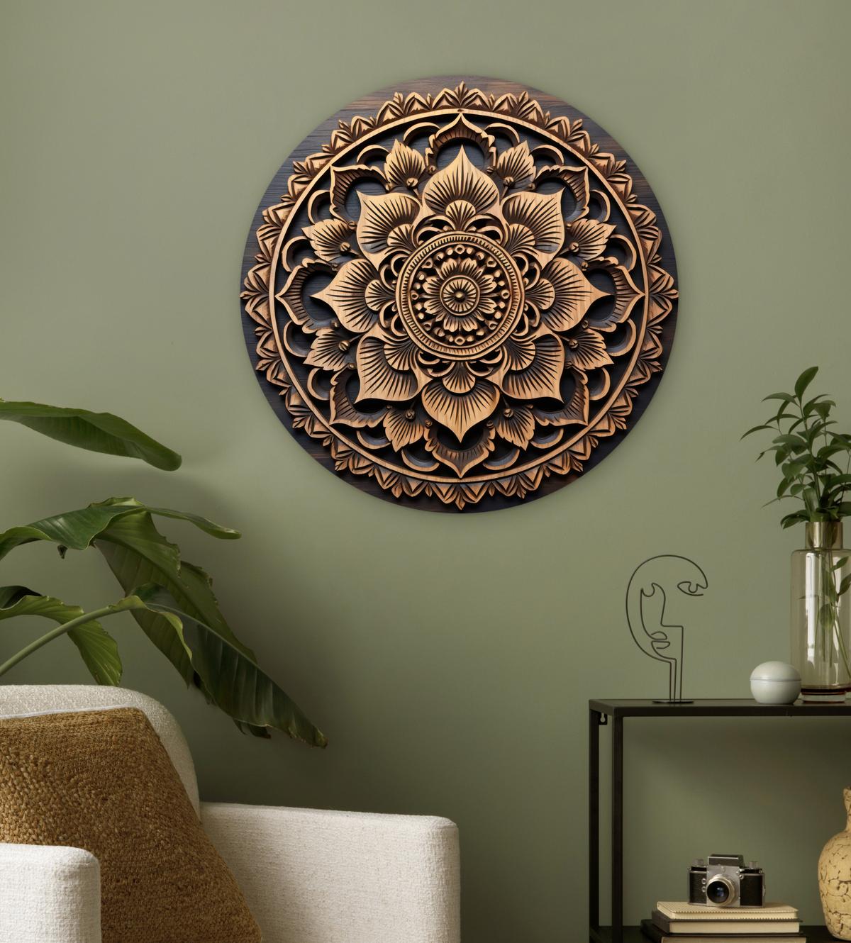 WANDBILD Mandala - Holz - Blumen - Braun Wanddeko Schlafzimmer 60x60 cm - Gelb, Kunststoff (60/60cm) - MuchoWow
