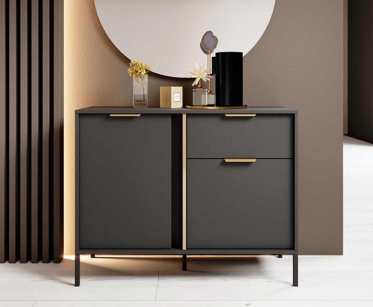 SIDEBOARD Catanian 2T 1S Grau 103,3/81,4/39,5 cm – mit goldenen Griffen und schwarzen Beinen - Schwarz/Grau, Holzwerkstoff/Metall (103.3/81.4/39.5cm) - AX Living