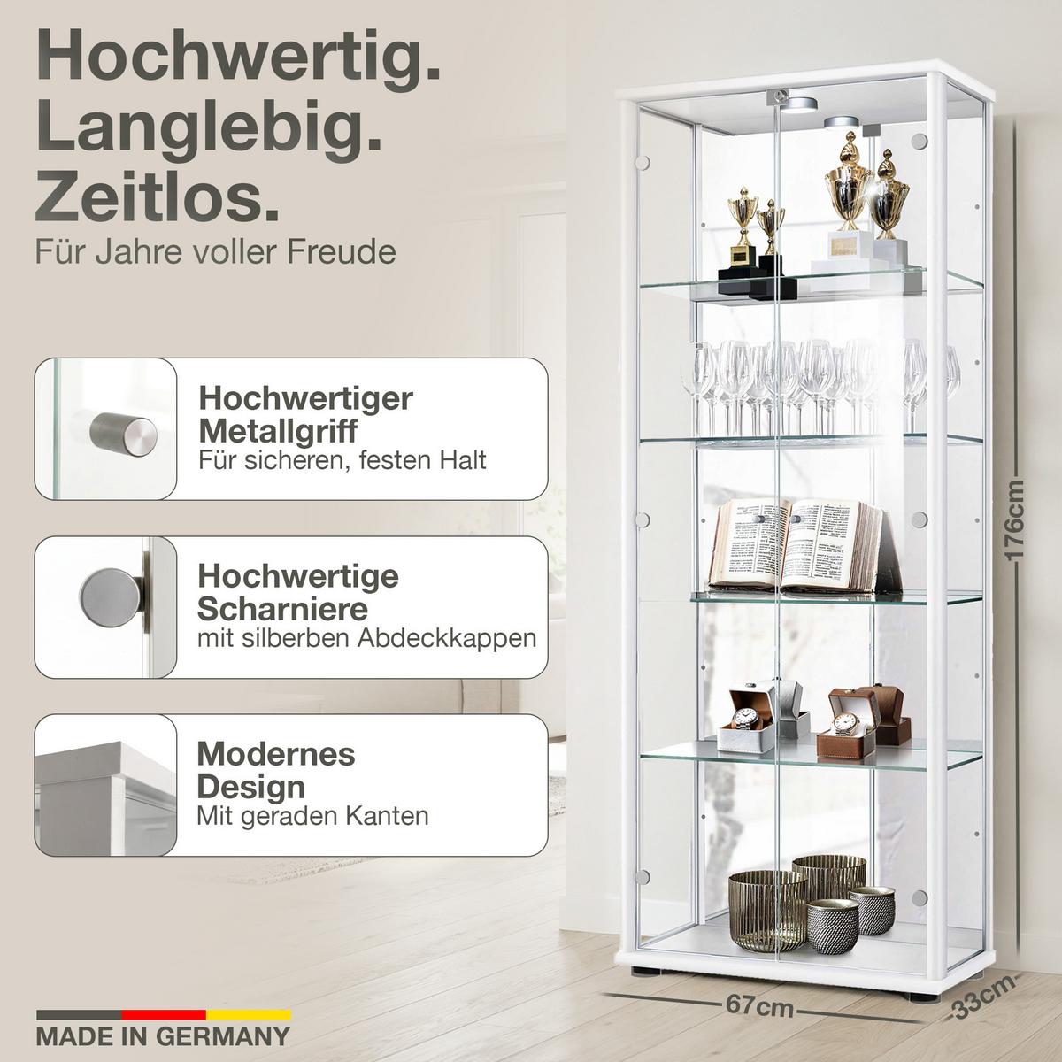 VITRINE 33/67/176 cm mit Spiegel, LED, Schloss & 4 höhenverstellbaren Glasböden - Transparent/Silberfarben, Glas/Holzwerkstoff (67/176/33cm) - K-Möbel
