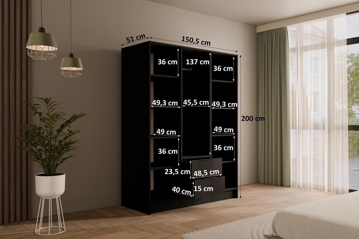 KLEIDERSCHRANK mit Spiegel und Flügeltüren KOLIN 150x200cm Schwarz - Schwarz, Holzwerkstoff (150/200/51cm) - ALTDECOR
