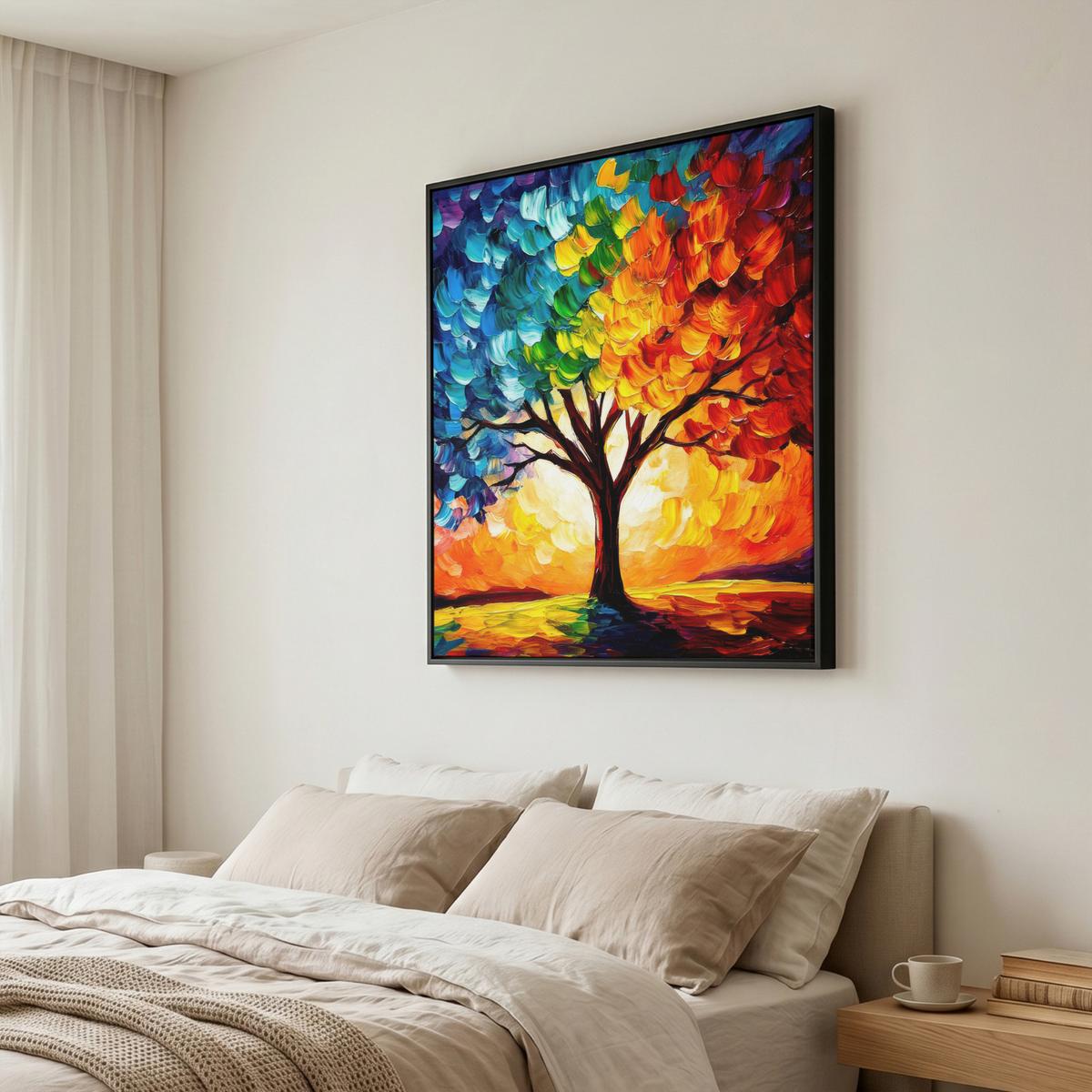 LEINWAND Bilder mit Rahmen - Baum - Kunst - Natur - Sonnenuntergang - 90x90 - Multicolor, Textil (90/90cm) - MuchoWow
