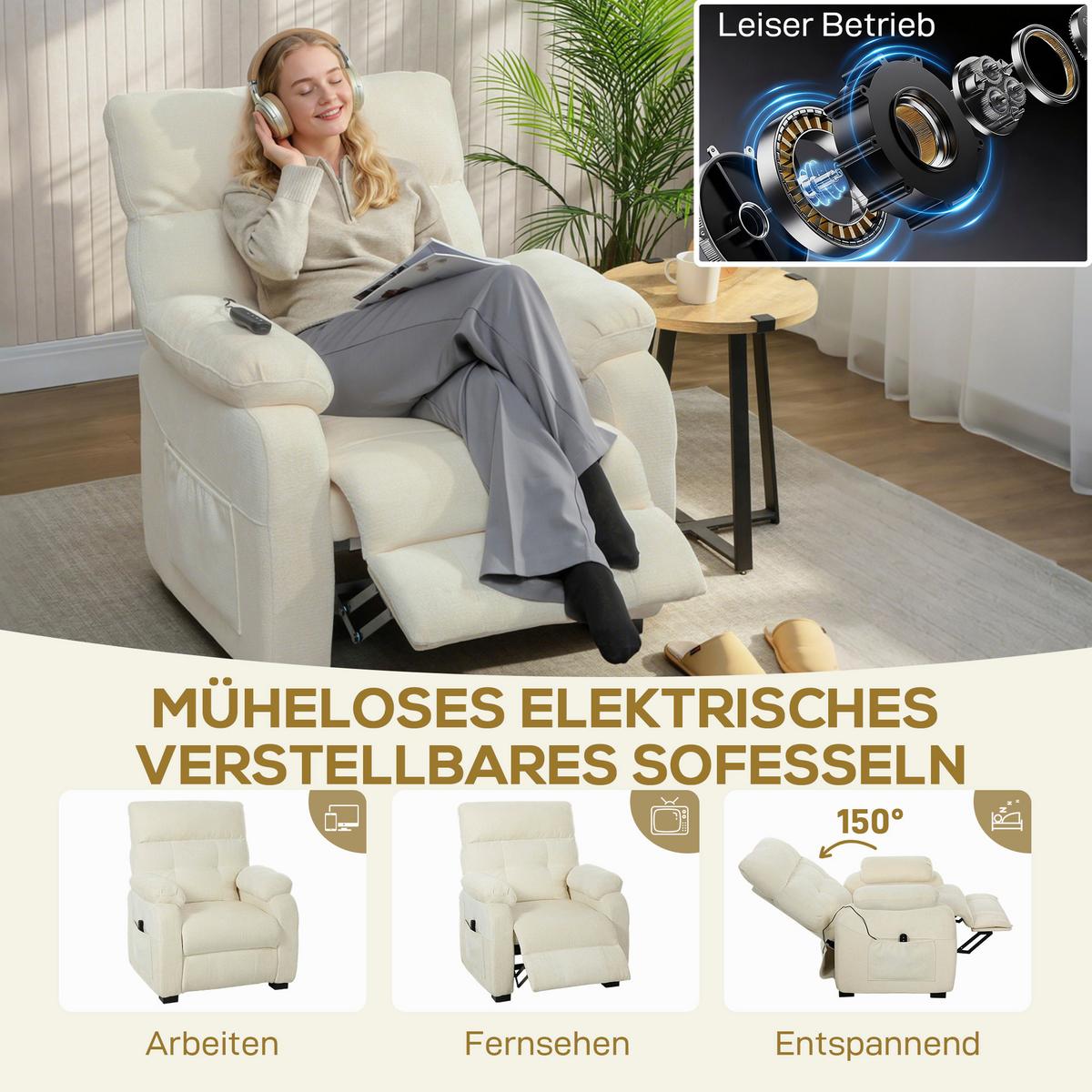 ELEKTRISCHER-RELAXSESSEL Samt 100 Prozent Polyester Metall Weiß - Schwarz/Weiß, Textil/Metall (90/105/96cm) - HOMCOM