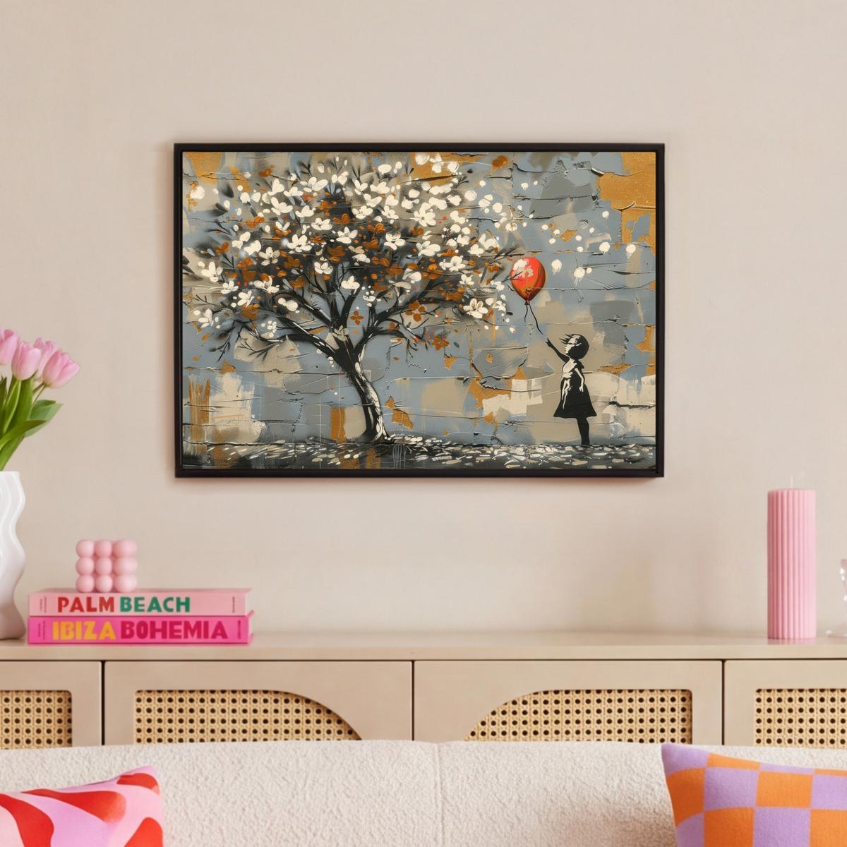 LEINWAND Bilder mit Rahmen - Baum - Graffiti - Banksy-Stil - Ballon-Mädchen - 60x40 - Blaugrau, Textil (60/40cm) - MuchoWow