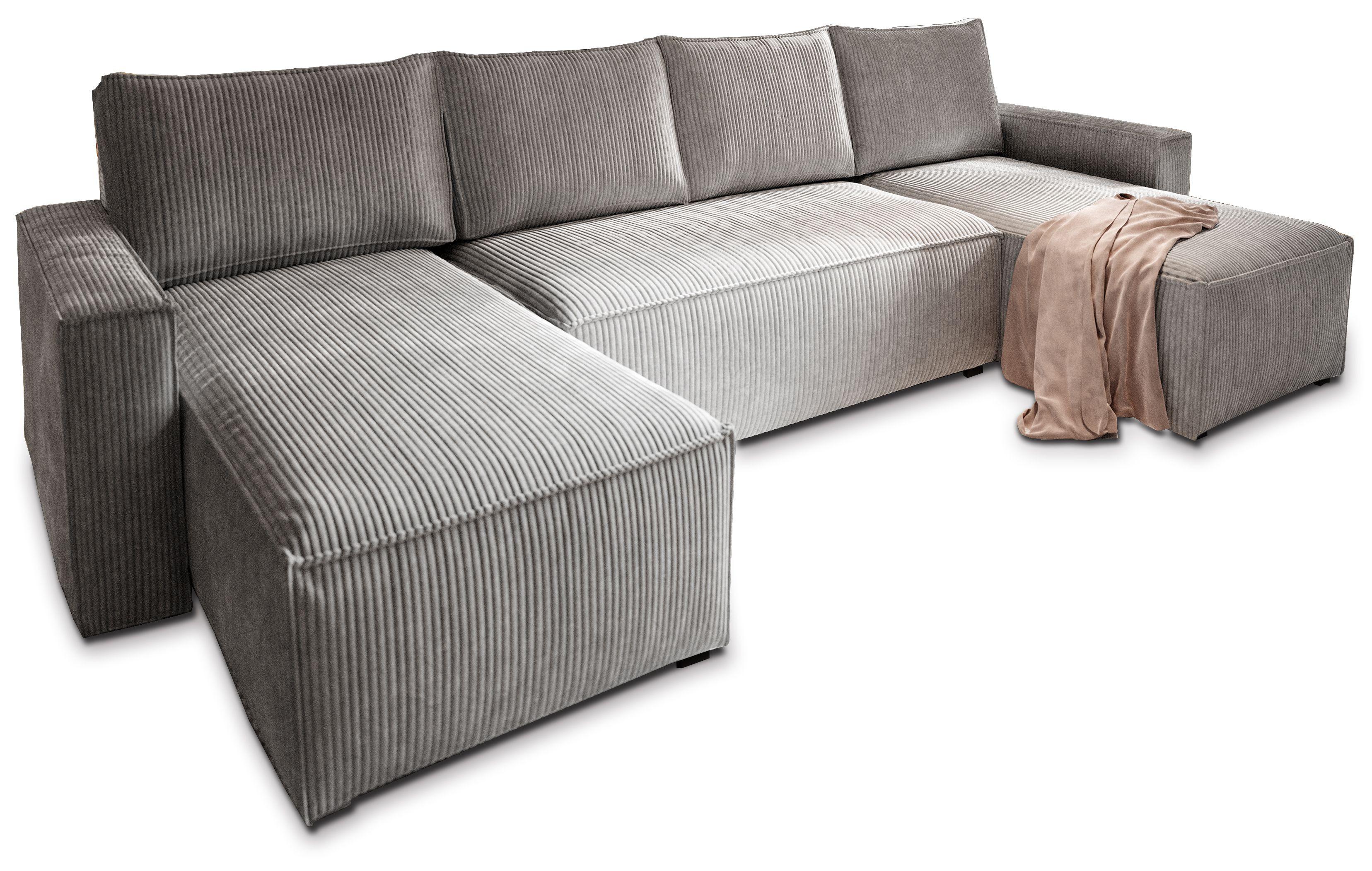 WOHNLANDSCHAFT ASPRA Hellgrau Kordstoff mit Schlaffunktion - Hellgrau/Grau, Holz/Kunststoff (295/85/140cm) - MASSENO