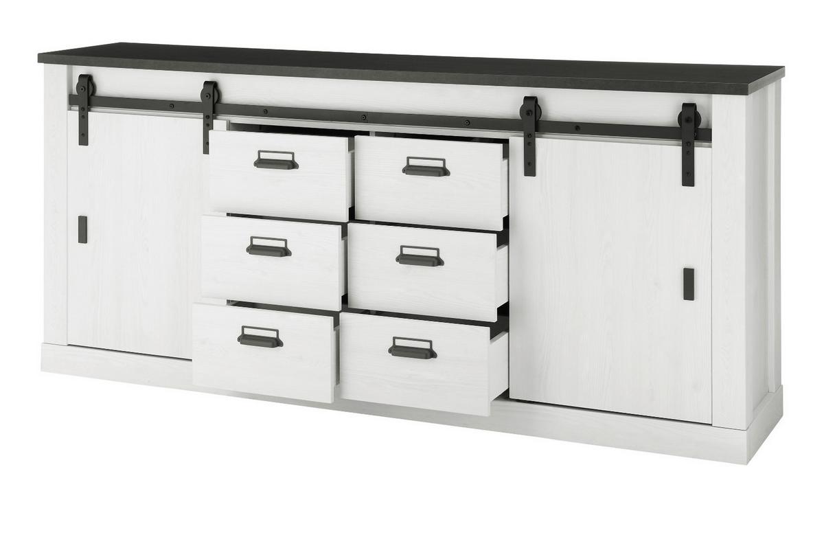 SIDEBOARD weiß Pinie, anthrazit Landhaus, Kommode 201 cm - Anthrazit/Weiß, Holzwerkstoff/Metall (201/91/43cm) - Furn.Design