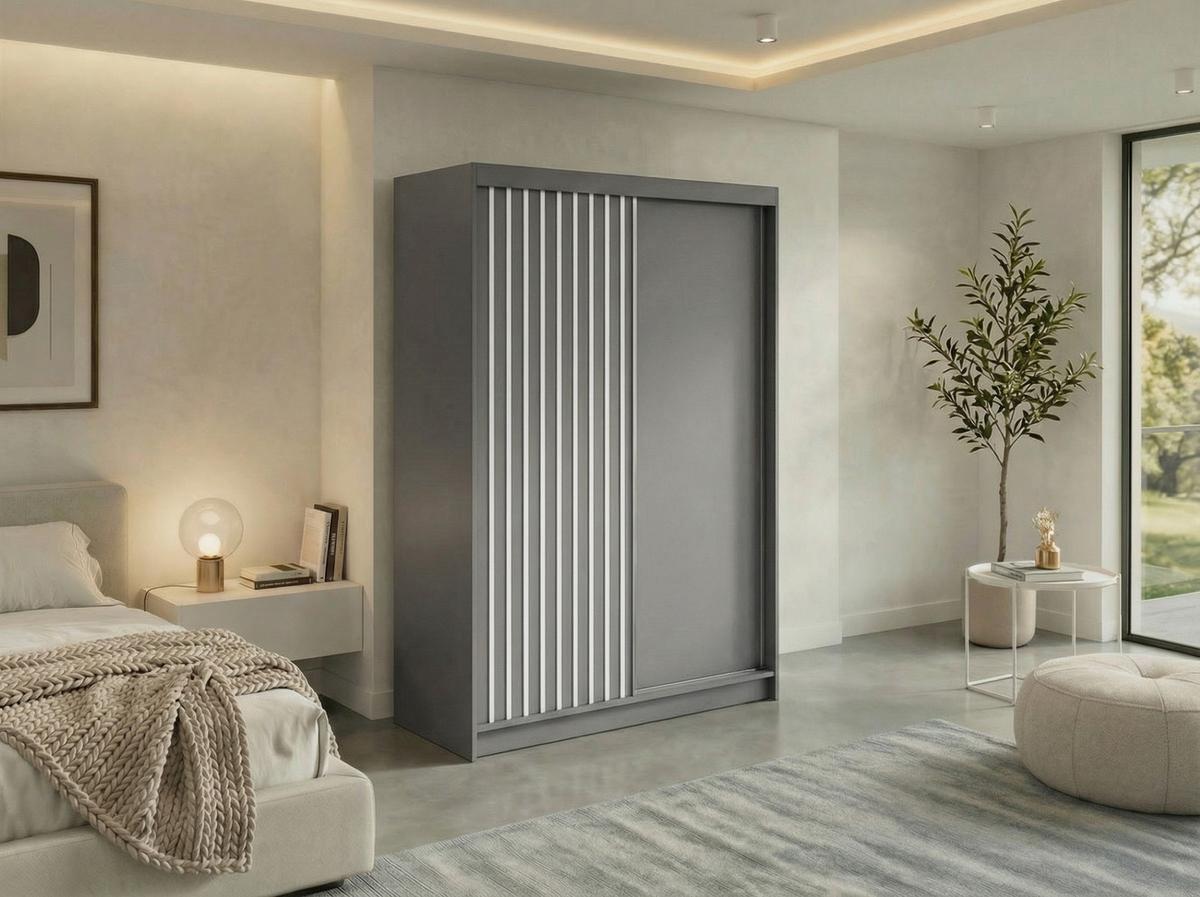 SCHWEBETÜRENSCHRANK mit Lamellen LUMOS - 150 - Grau und Weiß - Alufarben/Weiß, Holzwerkstoff/Metall (150/216/61cm) - MKS
