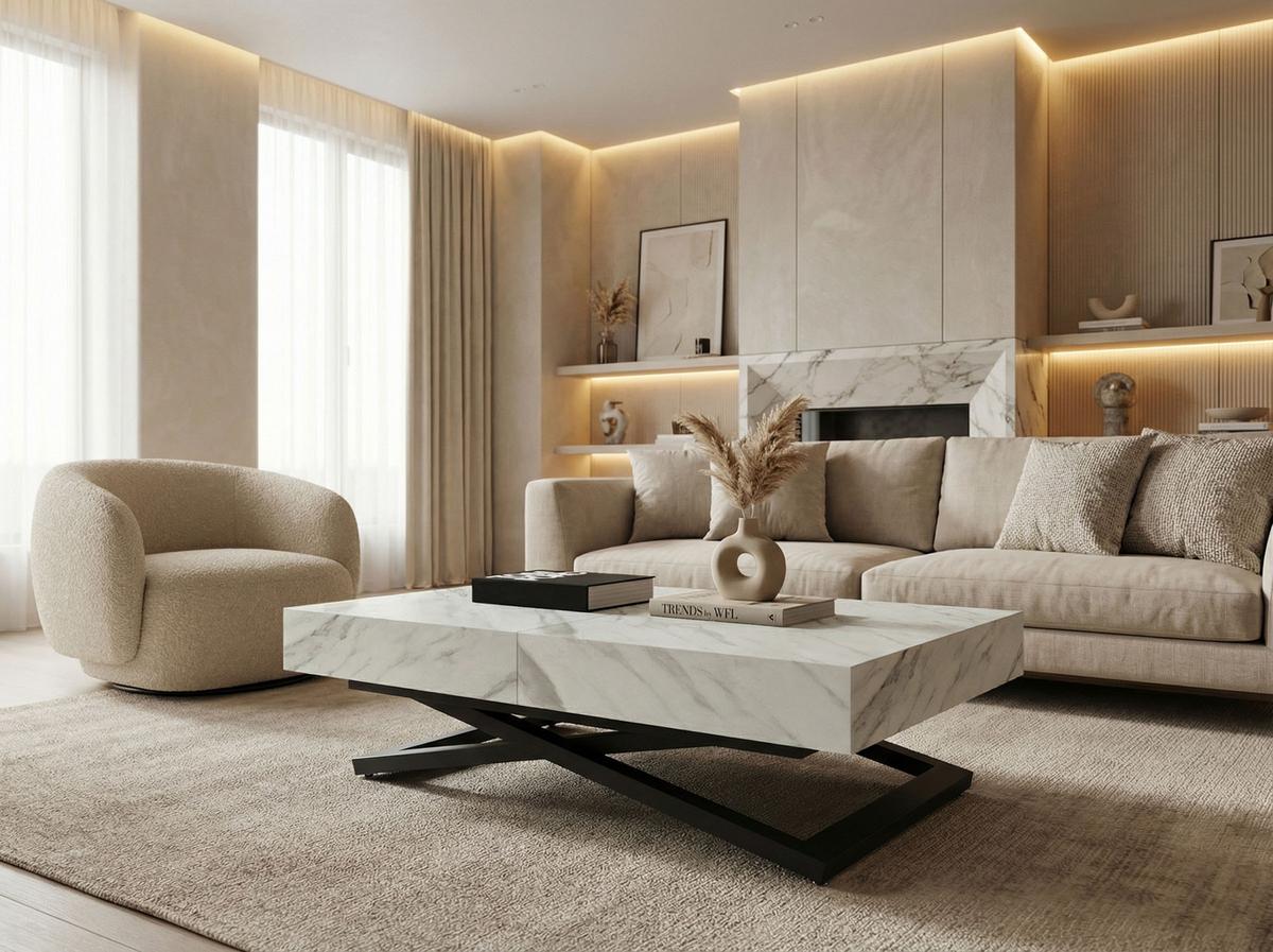 COUCHTISCH Cavetta U höhenverstellbar ausziehbar, Marmor Weiß 120-200/80/27-76 cm - Ecru/Schwarz, Holzwerkstoff/Metall (80/200/76cm) - WFL GROUP