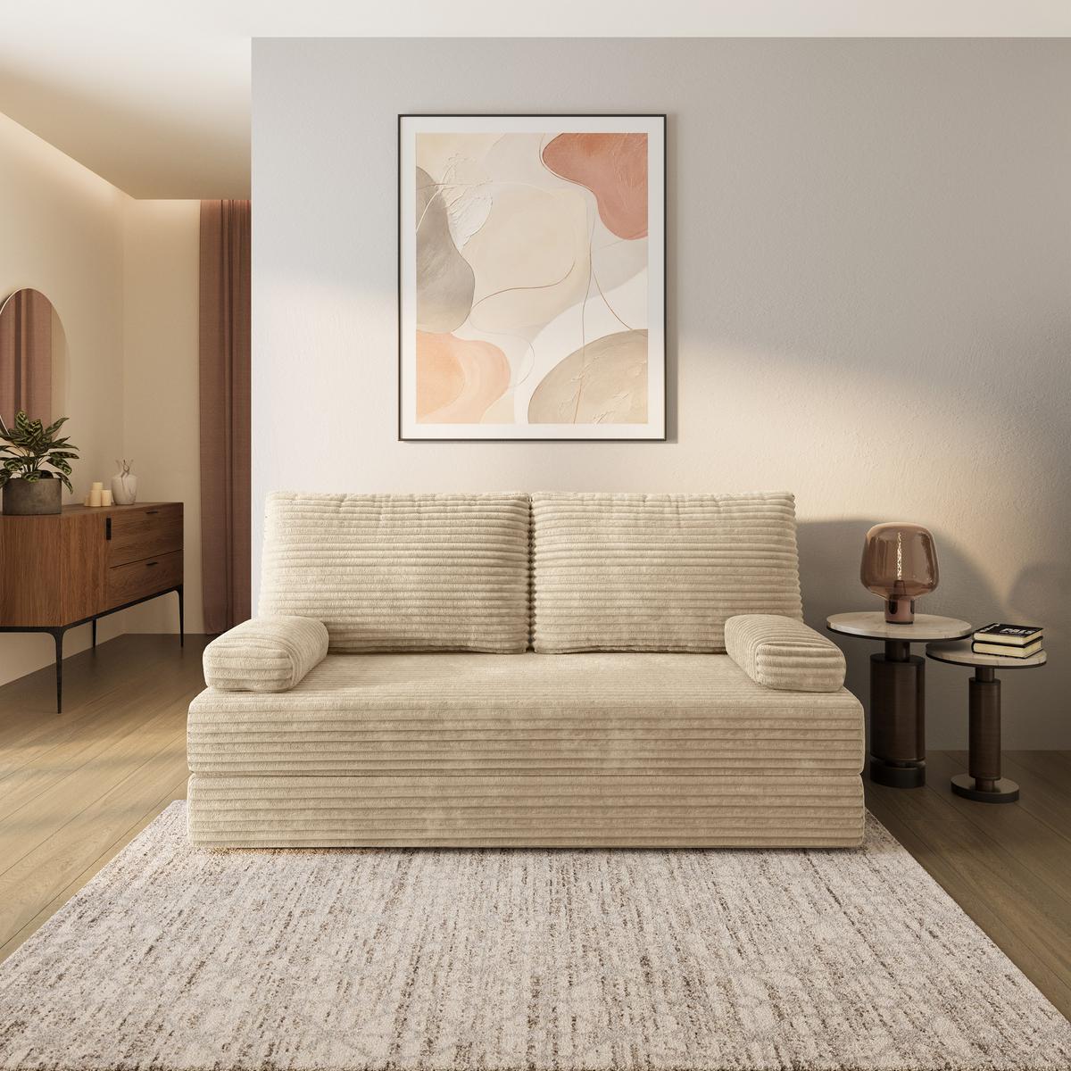 BETTSOFA SILAR aus Schaumstoff Kordstoff Creme Schlaffunktion - Creme, Textil (170/86/80cm) - MASSENO