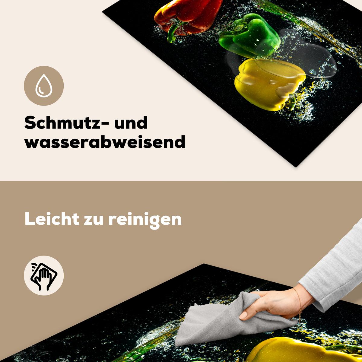 HERDABDECKPLATTE Paprika - Gemüse - Wasser - Schwarz - Rot - Grün - Gelb Induktionsschutz 81.6x52.7 cm - Multicolor, Kunststoff (81.6/52.7/0.2cm) - MuchoWow