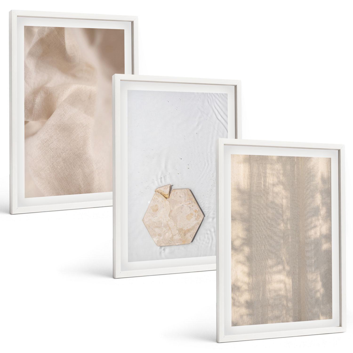 BILDER SET 3er Set - 40x60 cm Weißer Rahmen - Subtile Texturen, Boho-Natur - Weiß, Kunststoff (40/60cm) - TULUP