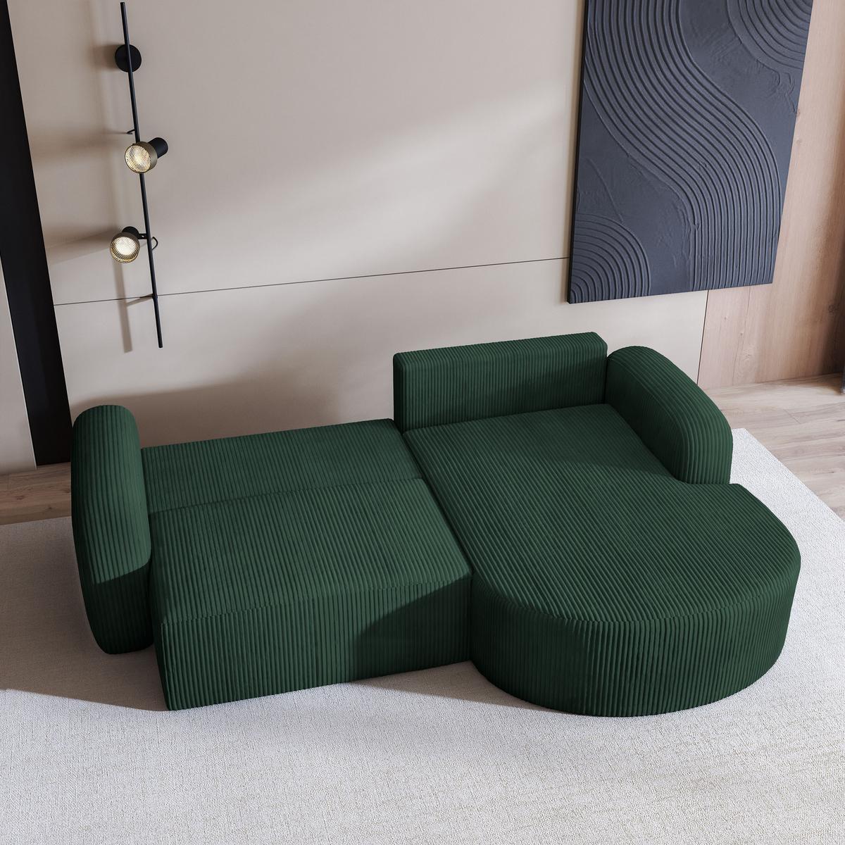 ECKSOFA AMILIA P R-S Grün Kordstoff mit Schlaffunktion - Grün, Holz (263/174cm) - MASSENO