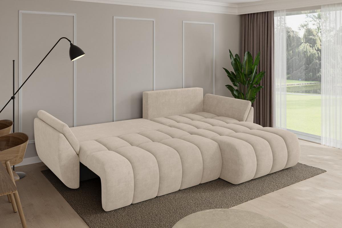 ECKSOFA mit Schlaffunktion Ottomane Rechts TOKO-L-v1 277x194x86 Beige Velours - Schwarz/Sahara, Holzwerkstoff/Kunststoff (277/194cm) - ALTDECOR