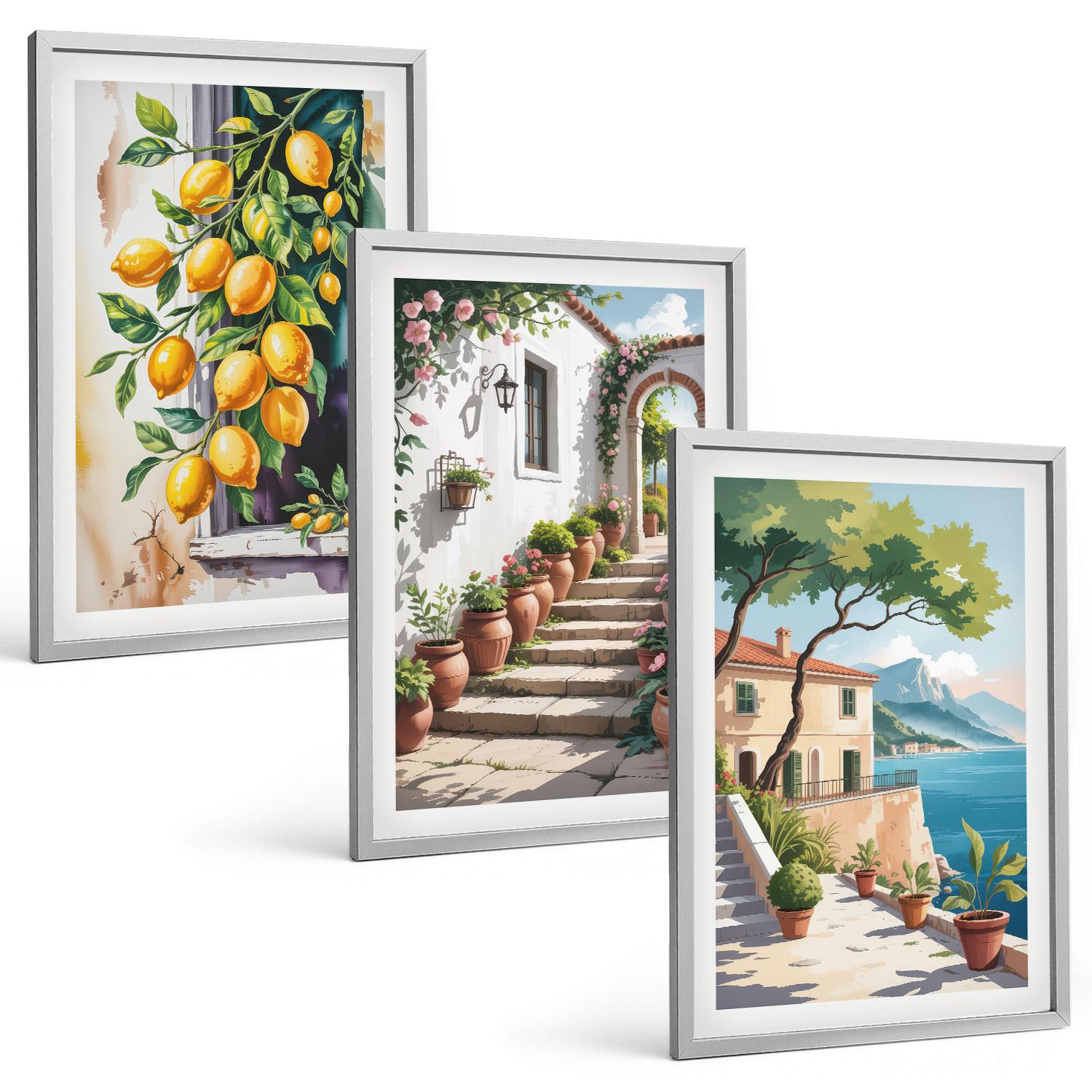 BILDER SET 3er Set - 40x60 cm Silberner Rahmen - Zitronen, Blumen, Meerblick - Silberfarben, Kunststoff (40/60cm) - TULUP