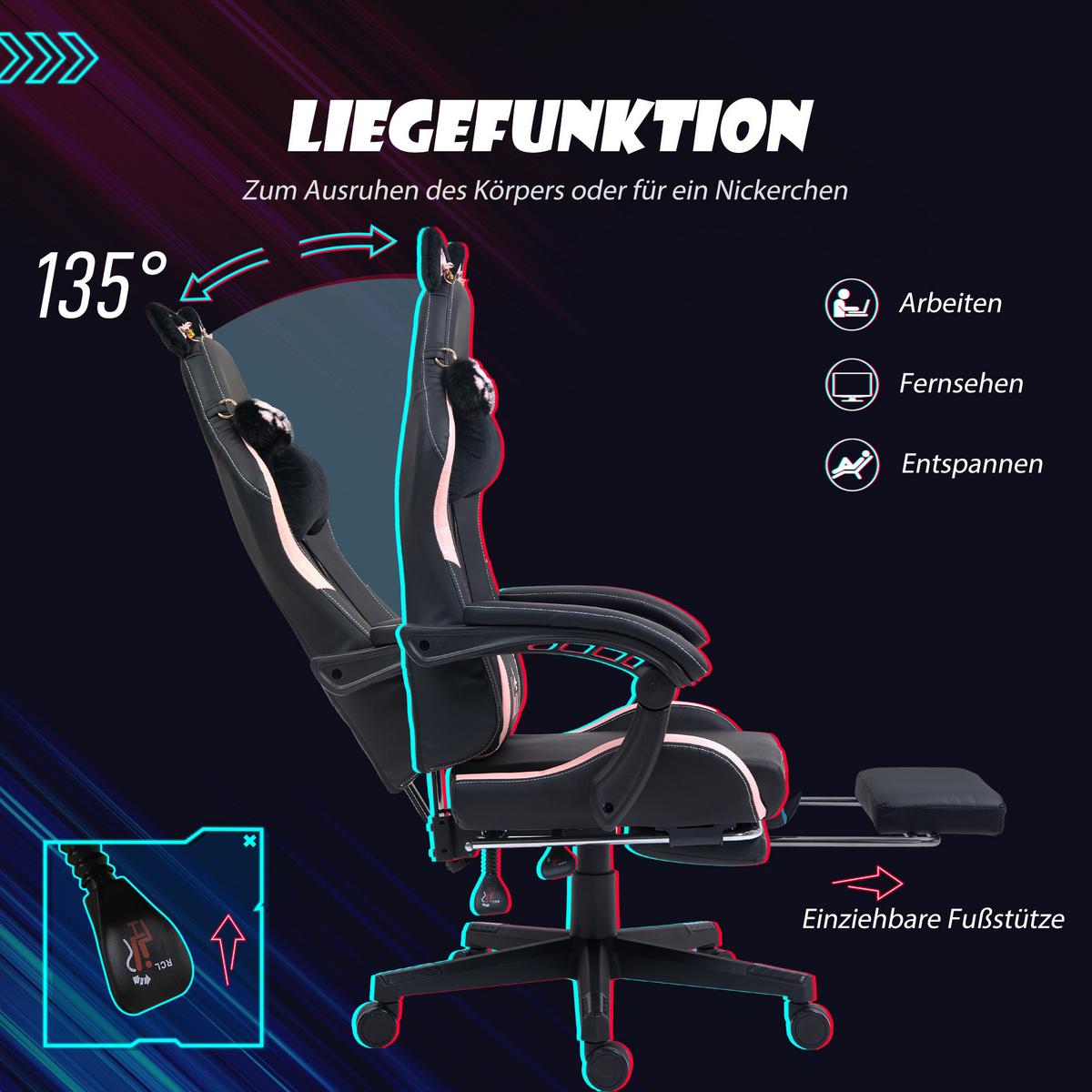 GAMINGSTUHL mit Lendenkissen Rosa, Schwarz - Schwarz, Kunststoff (62/124/65cm) - HOMCOM