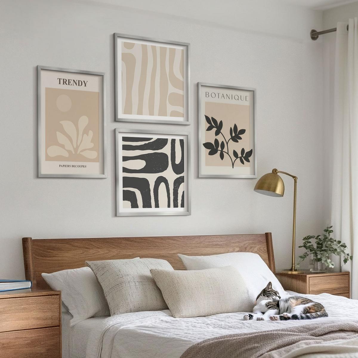 BILDER SET 4er Set - 50x50 cm & 40x60 cm Silberner Rahmen - Stilvolle Pflanzenmuster in Beige und Schwarz - Silberfarben, Kunststoff (50/50cm) - TULUP