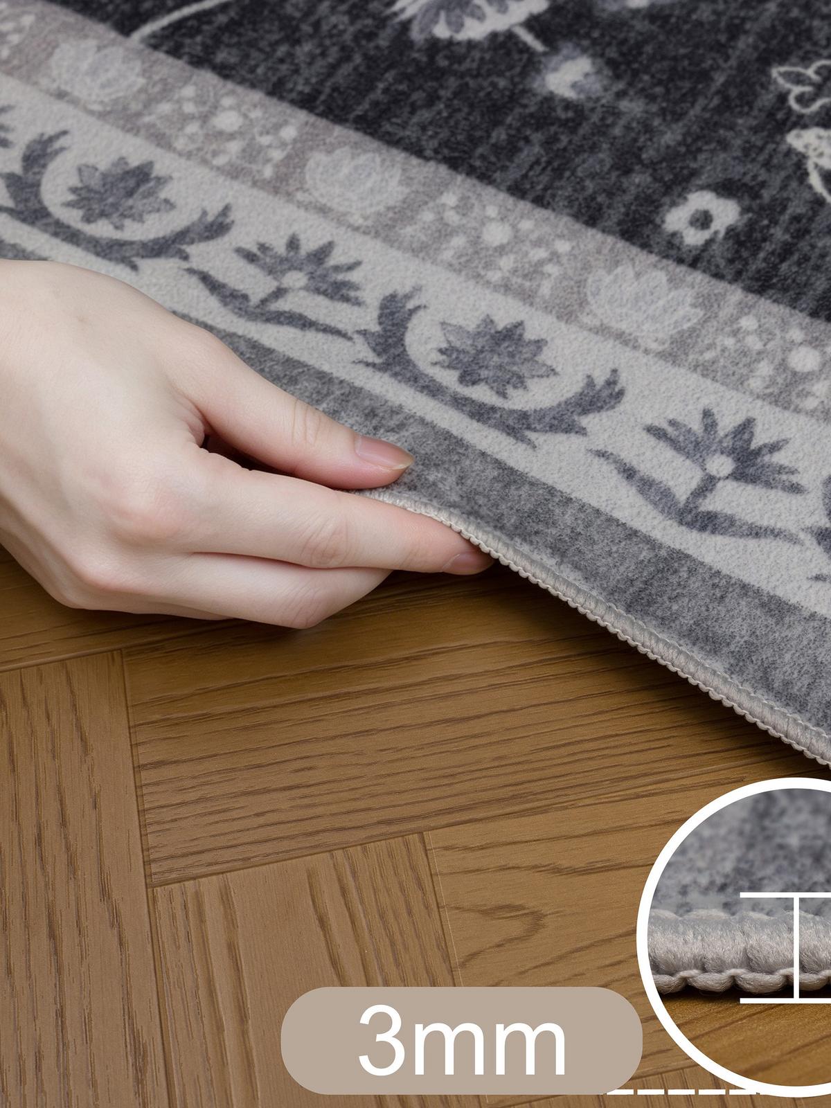 TEPPICH Kurzflor, waschbar, mit floralen Ornamenten, VERNANTE in Schwarz-Creme-Grau, Ø 120 cm - Schwarz, Textil (120/120cm) - KADIMA DESIGN