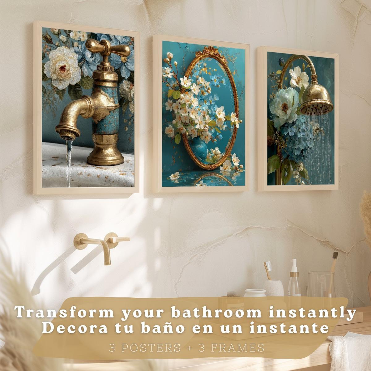 POSTER 3er-Set dekorative Badezimmer-Poster, elegante für Wand, Waschbecken, Dusche, mit Armatur, Spiegel und goldener Dusche Leichter Holzrahmen A4 - Beige, Papier (29.7/21/3cm) - Nacnic