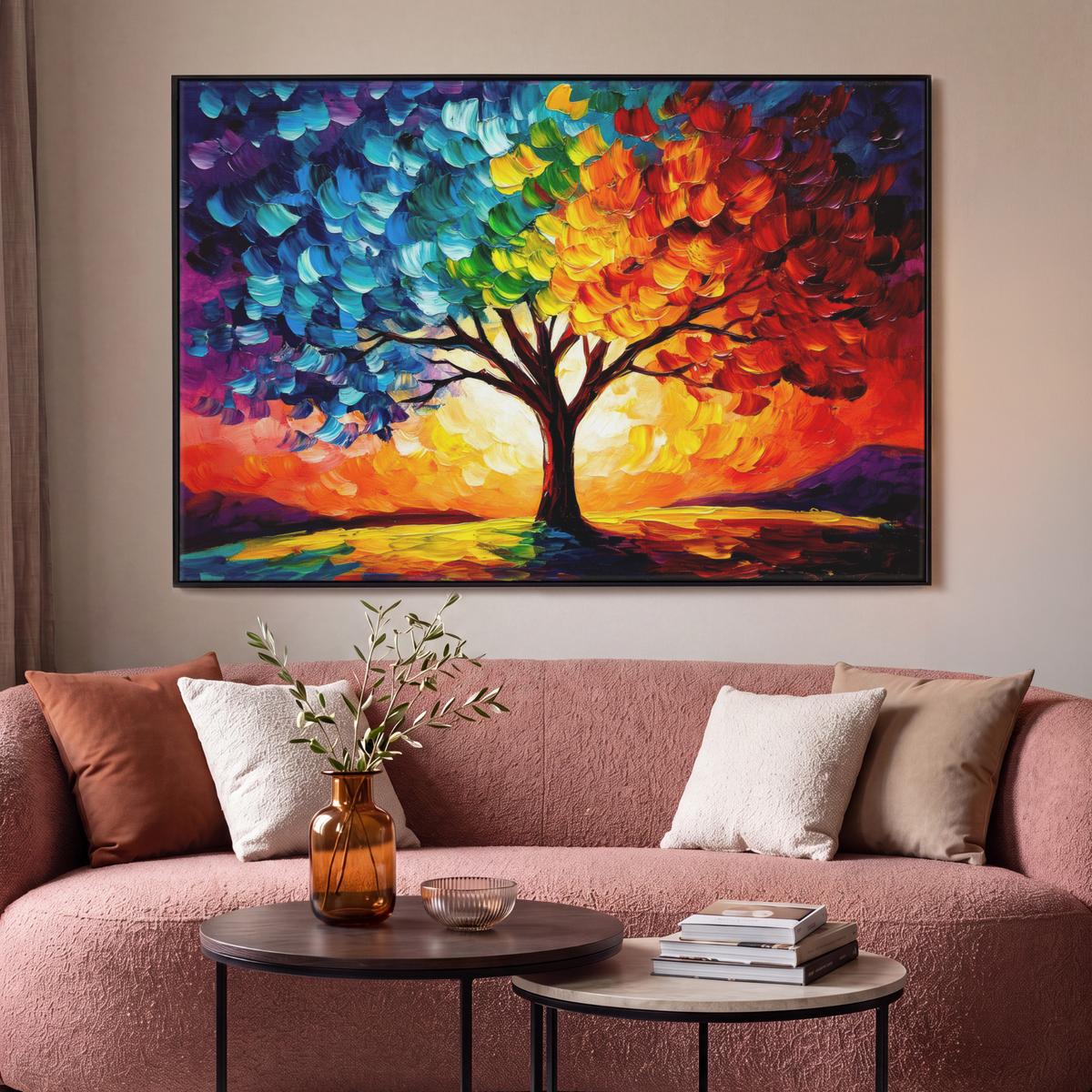 LEINWAND Bilder mit Rahmen - Baum - Kunst - Natur - Sonnenuntergang - 120x80 - Multicolor, Textil (120/80cm) - MuchoWow