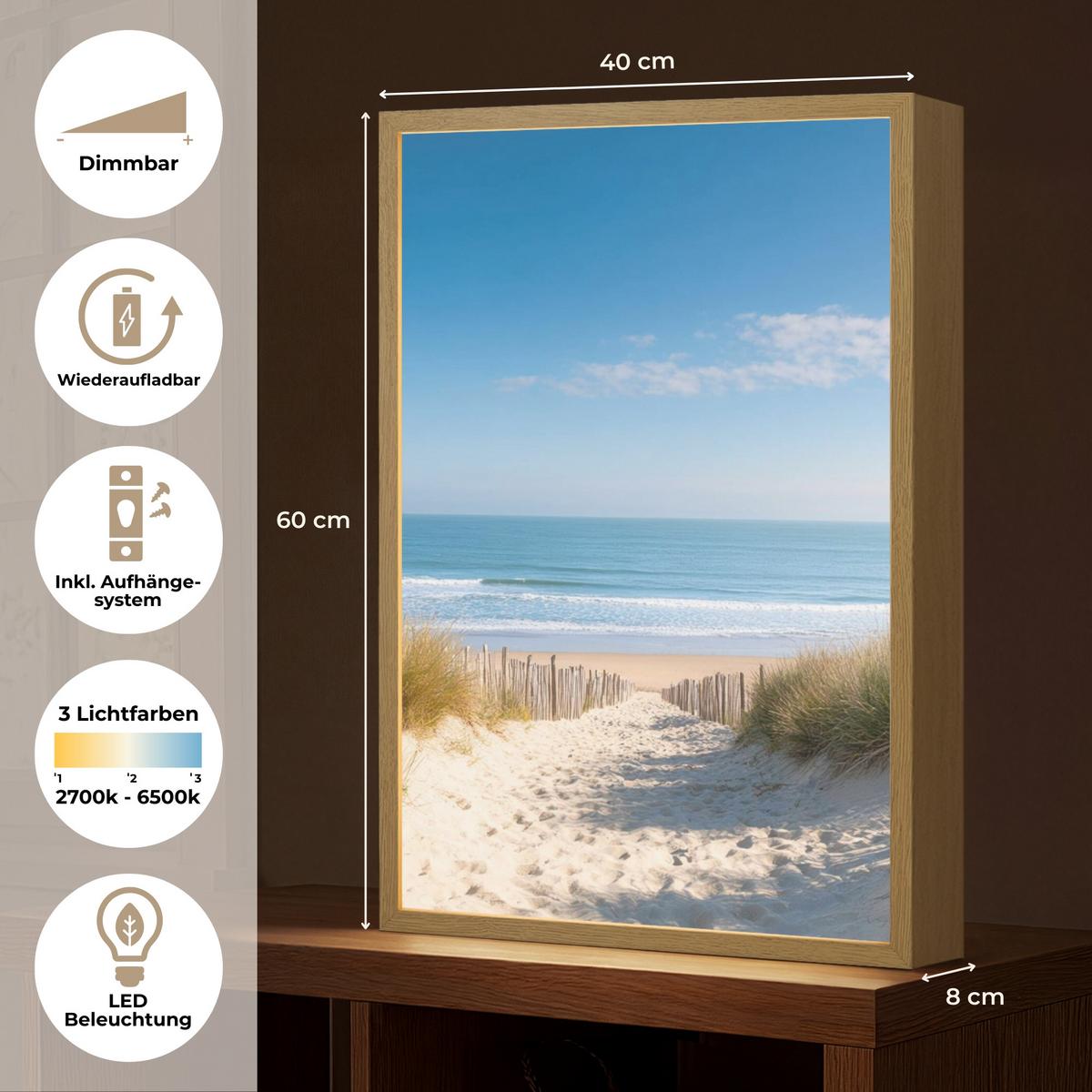 WANDLEUCHTE MIT AKKU Strand - Meer - Düne - Sand - Sommer 40x60 cm - Sandfarben, Holzwerkstoff (40/60/8cm) - OnlyWow