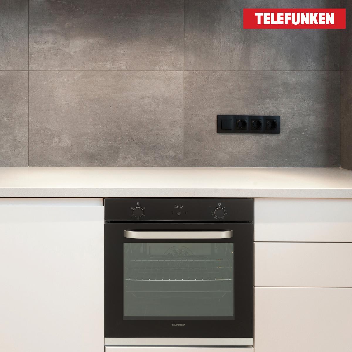 EINBAUBACKOFEN, autark, 73 Liter Volumen, 60 cm Backofen, 5 Betriebsarten, Edelstahl, Umluft/Ober-Unterhitze, einfache Reinigung, B-OV-75-A-I - Schwarz, Metall (59.5/59.5/57.5cm) - Telefunken