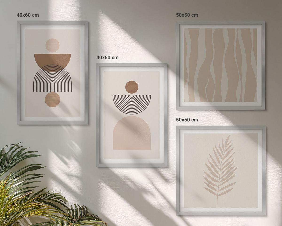 BILDER SET 4er Set - 50x50 cm & 40x60 cm Silberner Rahmen - Abstrakte Formen braun beige - Silberfarben, Kunststoff (50/50cm) - TULUP