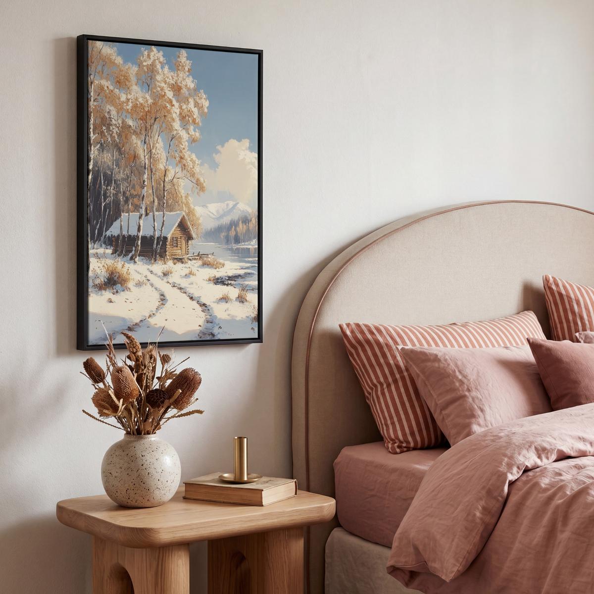 LEINWAND Bilder mit Rahmen - Winter - Schnee - Zuhause - Natur - 40x60 - Hellbraun, Textil (40/60cm) - MuchoWow