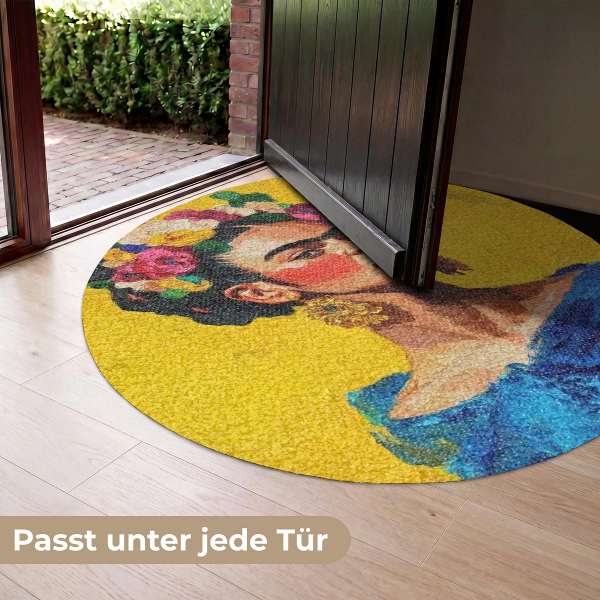 FUSSMATTE Frida Kahlo - Frau - Gelb - Blau - Blumen Schmutzfangmatte 120x120 cm - Gelb, Kunststoff (120/0.4cm) - MuchoWow