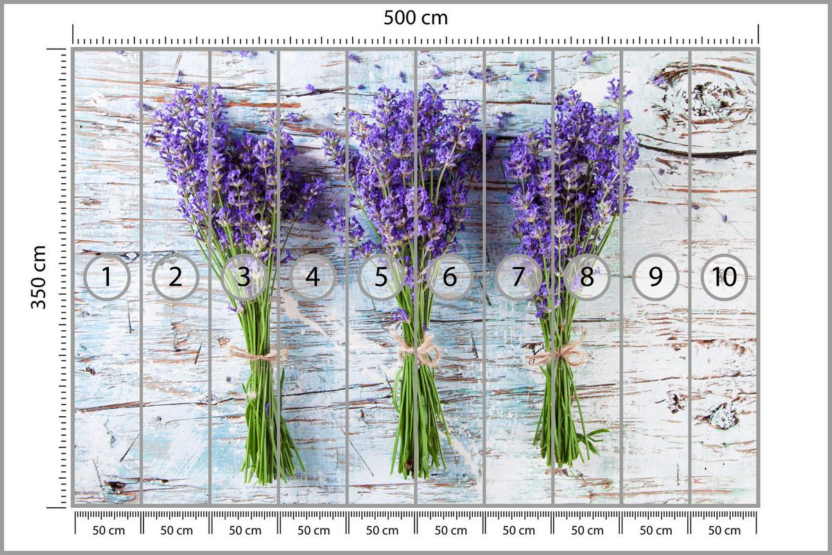 FOTOTAPETE für Küche Lavendelblüten Lila Holz Rustikal 500x350 - Violett/Weiß, Papier (500/350cm) - Muralo