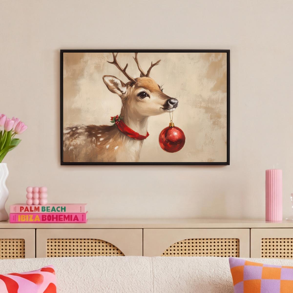 LEINWAND Bilder mit Rahmen - Weihnachten - Hirsch - Geweih - Weihnachtskugel - Rentier - 60x40 - Hellbraun, Textil (60/40cm) - MuchoWow