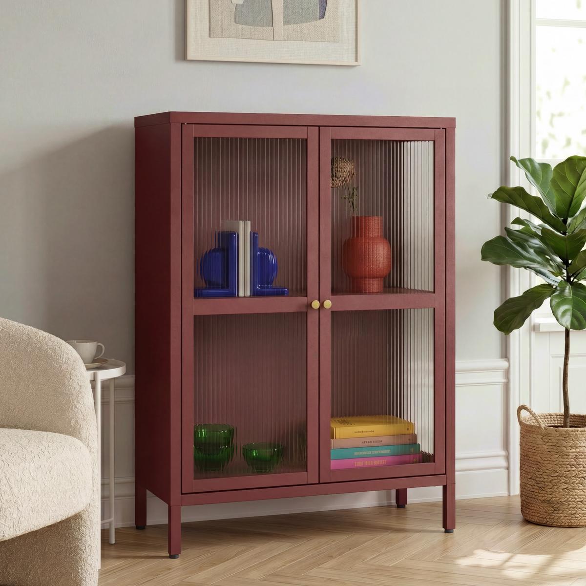 VITRINE Säkylä - Transparent/Bordeaux, Glas/Metall (64/84/35cm) - [en.casa]