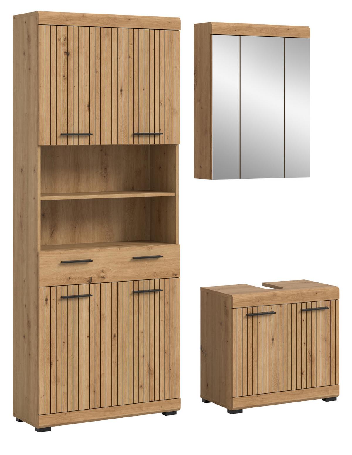 BADMÖBEL-SET Eiche Artisan 149 x 191 cm 3-teilig, Badkombination modernes Design - Schwarz/Eiche Artisan, Glas/Holzwerkstoff (149/191/34cm) - Inn.Furn