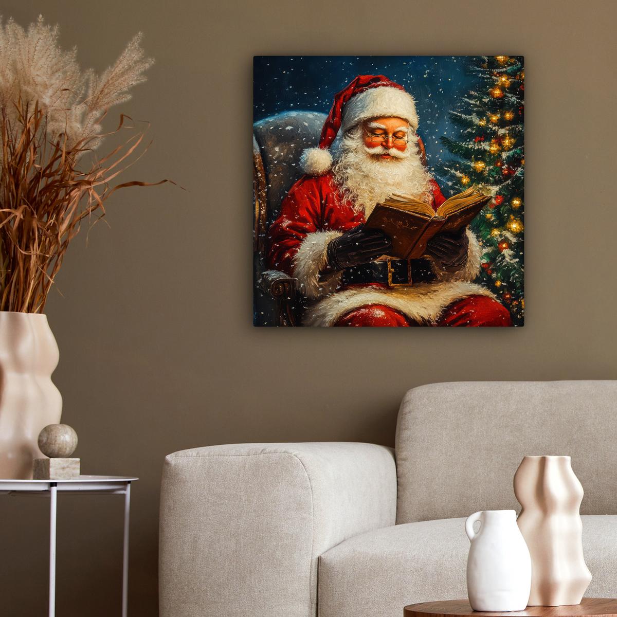LEINWANDBILD Weihnachtsmann - Weihnachten - Winter - Weihnachtsbaum Wandbild Wohnzimmer 50x50 cm - Bordeaux, Textil (50/50cm) - MuchoWow