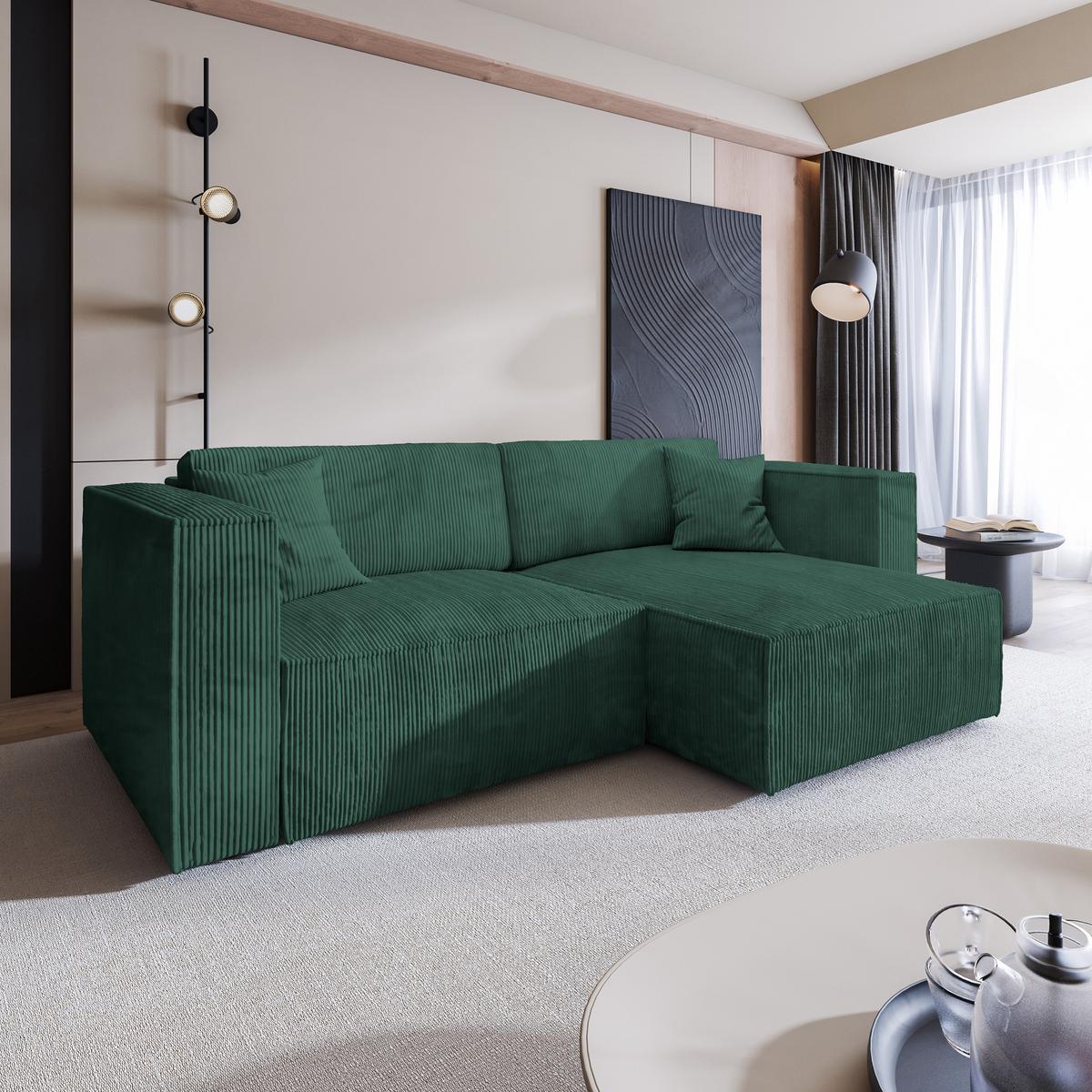 ECKSOFA NERIO P Grün Kordstoff mit Schlaffunktion - Grau/Grün, Holz/Kunststoff (245/148cm) - MASSENO