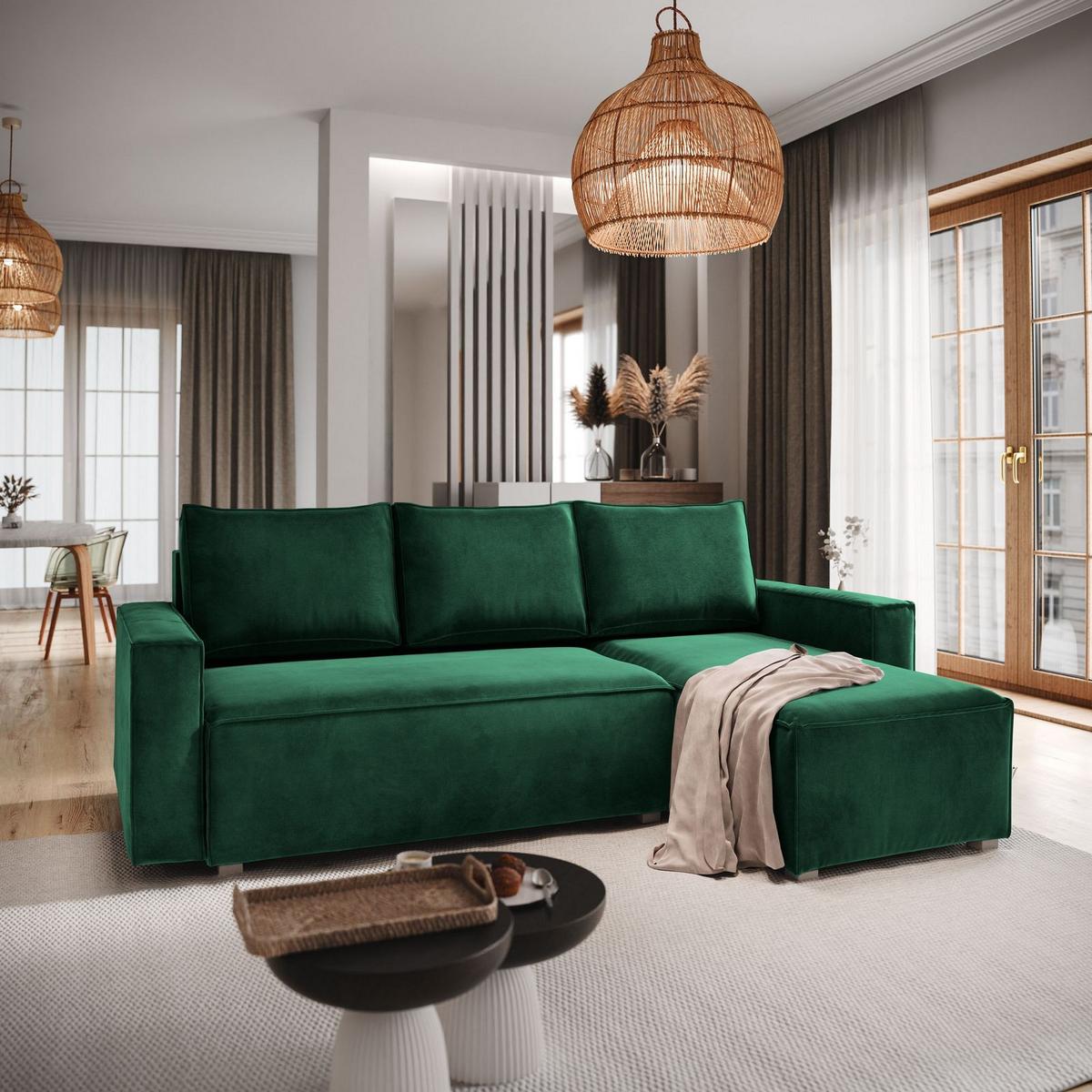 ECKSOFA SILES Grün Velours-Stoff mit Schlaffunktion - Grau/Grün, Holz/Kunststoff (230/140cm) - MASSENO