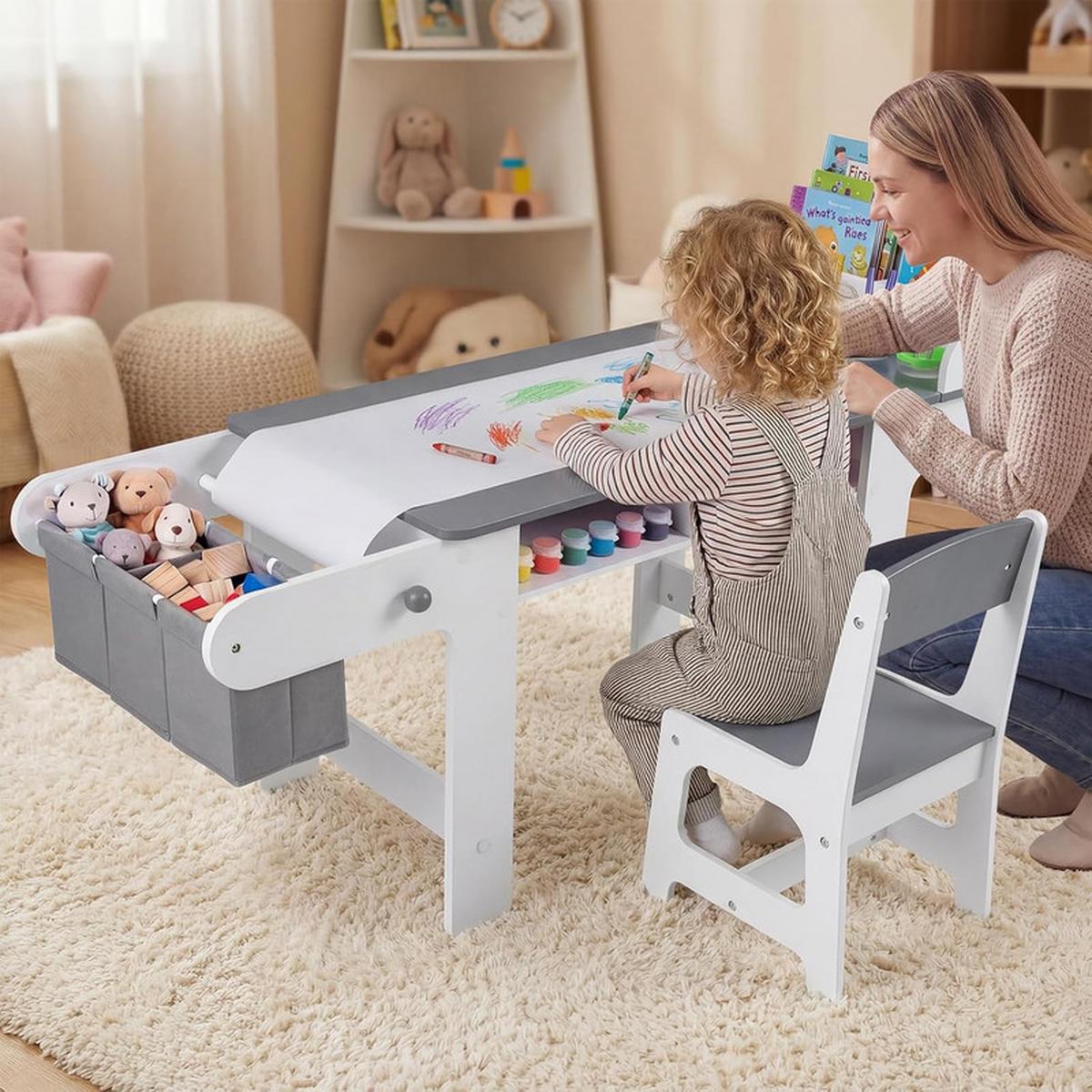 KINDERSCHREIBTISCH-SET mit Stauraum grau(2-tlg) - Grau, Holzwerkstoff (136/67/45.5cm) - COSTWAY