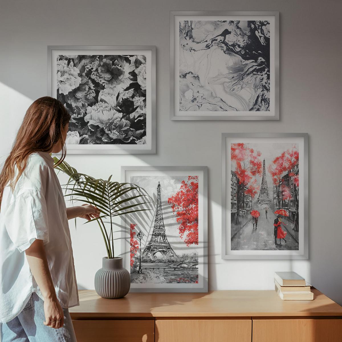 BILDER SET 4er Set - 50x50 cm & 40x60 cm Silberner Rahmen - graue Gemälde des Eiffelturms - Silberfarben, Kunststoff (50/50cm) - TULUP
