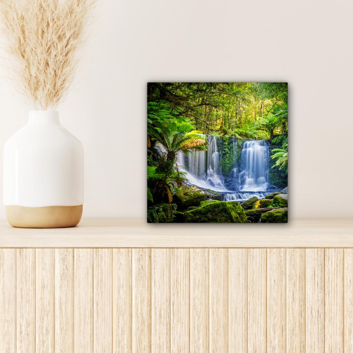 LEINWANDBILD Dschungel - Wasserfall - Australien - Pflanzen - Natur Deko Wohnzimmer 20x20 cm - Dunkelgrün, Textil (20/20cm) - MuchoWow
