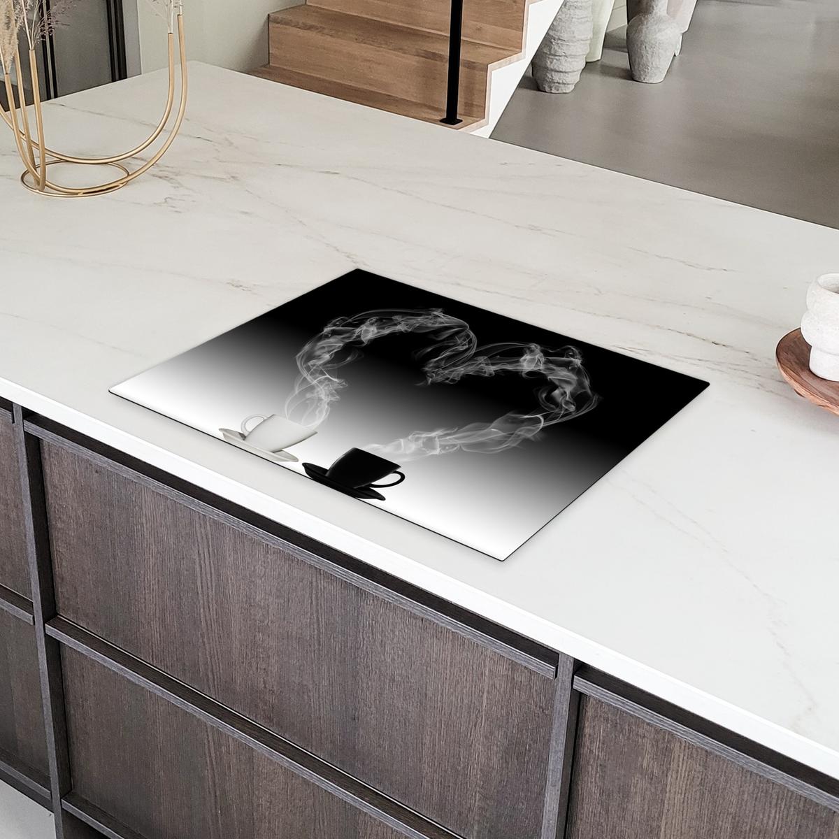 HERDABDECKPLATTE Kaffee - Herz - Schwarz und weiß - Tassen Induktionsmatte 71x52 cm - Weiß, Kunststoff (71/52/0.2cm) - MuchoWow