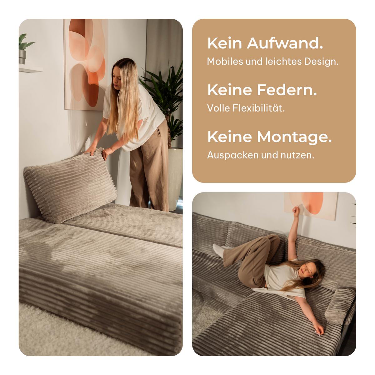 ECKSOFA ANKO modulares Boneless Sofa mit Schlaffunktion Creme Cordstoff - Creme, Textil (270/160cm) - MASSENO